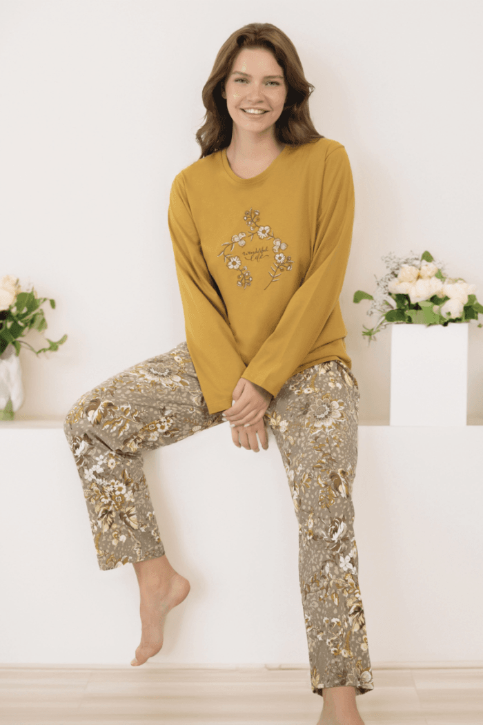 Γυναικεία Βαμβακερή Plus Size Πιτζάμα Μουσταρδί Floral - Image 1
