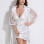 Plus Size Σατέν Κοντό Νυφικό Σετ – Νυχτικό & Ρόμπα